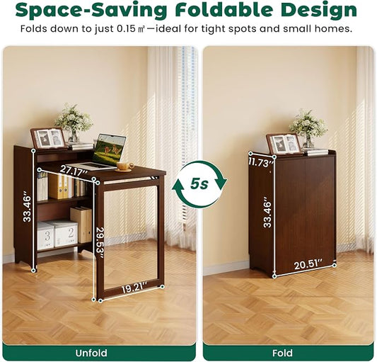 HDDFER Bamboo Folding Desk for Small Spaces,Hidden Desk with Storage Shelf, Foldable Computer Desk for Bedroom Home Office, Mid Century Modern Fold Out Table Writing Table, Walnut