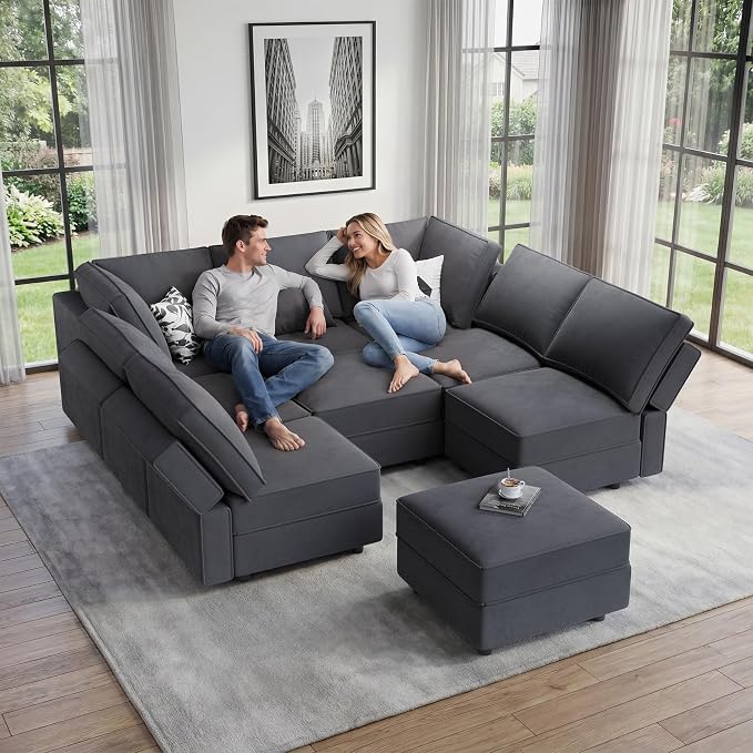 Vesgantti Modular Sofa Bed with Storage, 92" Sleeper Sofas with 9 Seats Storage Chaises Removable Cover, Luxury Large Velvet Sectional Couch Set for Living Room, Apartment, Home Theater, Gray