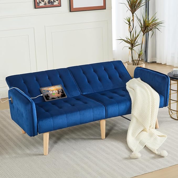 TYBOATLE 62.99" W Velvet Modern Convertible Folding Futon Couch Sofa Bed w/ 2 USB Charging Ports for Compact Living Space, Small Couches for Office, Dorm, RV Room, Apartment, Bedroom (Navy Blue)