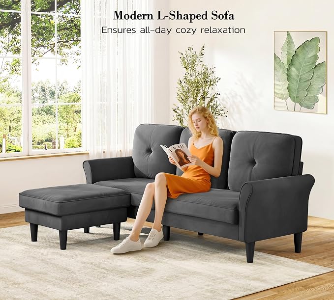 Kidirect Small Sectional Couch, 83" L Shaped Couch, Comfy Velvet Couches for Living Room, Tool-Free Setup Modular Sectional Sofa, 850lbs Load Sofas for Living Room with 1 Movable Ottoman, Grey Couch