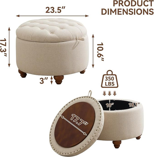 WUTUTUEE 24Inch Round Storage Ottoman with Tray, Modern Tufted Fabric Circle Coffee Table with Storage, Upholstered Ottoman with Removable Top for Living Room, Bedroom, Khaki