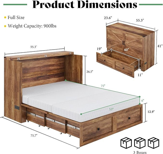 LUXOAK Full Murphy Bed with 6" White Tri-Fold Memory Foam Mattress, Storage Drawer & Charging Station, Space-Saving Design for Home Office or Guest Room, Barnwood