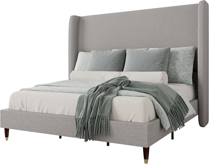 Jocisland Full Bed Frame 51.2" Wingback Headboard Linen Upholstered Platform Bed,Solid Wood Legs & Wooden Slats,No Box Spring Needed,Noise-Free,for Teen Room Small Bedroom Cozy Home,Light Grey