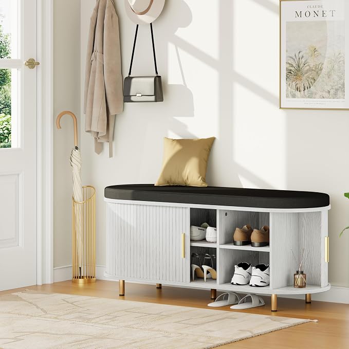 DHH 2-Tier Storage Bench,Wide Shoe Bench with Thickened Padded Seat Cushion, Mid Century Modern Fluted Sliding Door and Adjustable Shelf, for Entryway, Living Room, Bedroom (Grayish White, 43.3“)