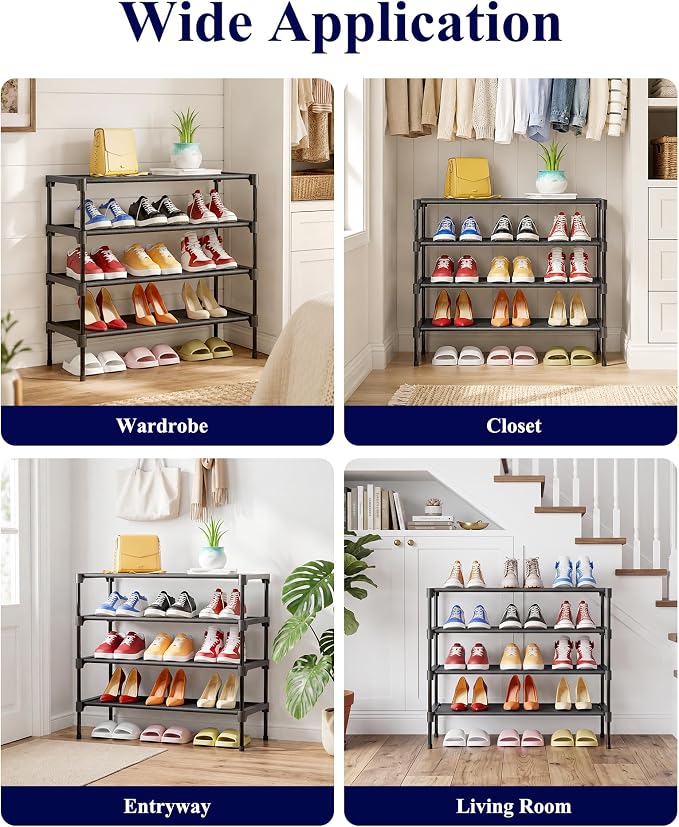 Kitsure Shoe Rack - Non-Woven Shoe Rack Shelf, Shoe Organizer for Closet, Entryway, Garage & Corridor, Stackable Shoe Shelves, X-Large, Black