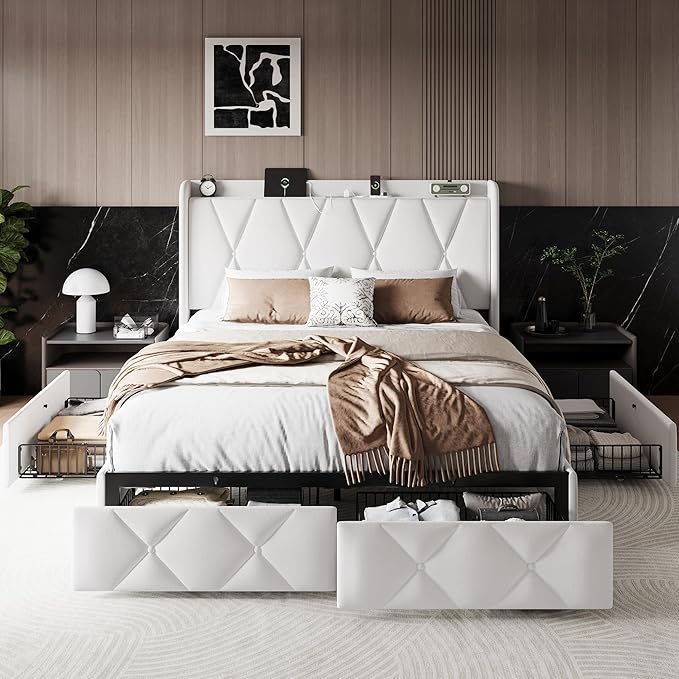 Einhomn Queen Bed Frame with 4 Storage Drawers and Charging Station, Upholstered Platform Bed Frame with Storage Headboard, No Box Spring Needed, Easy Assembly, White