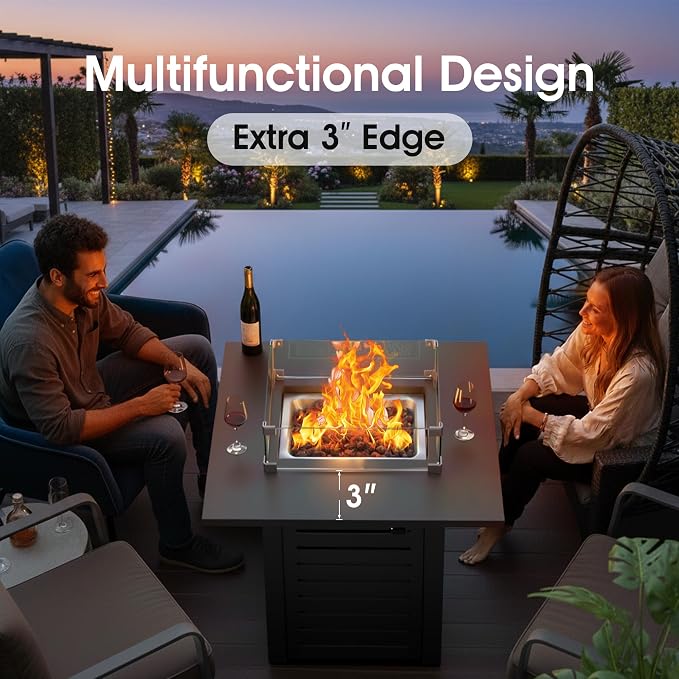 5-Piece Patio Furniture Set with Fire Pit Table & Coffee Table & Removable Washable Cushions, All-Weather Metal Frame and Wood-Like Armrests for Porch, Garden, Balcony,Beige