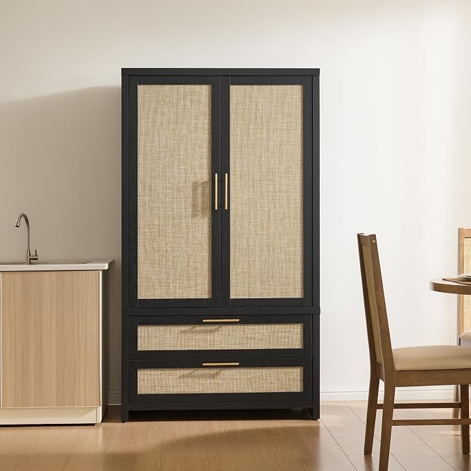 SICOTAS Armoire Wardrobe Closet, Larger Rattan Armoires Wardrobe Cabinet with 2 Large Drawers & Hanging Rod, Tall Closet Storage Cabinet for Cloak Room, Bedroom, Black Oak (3 Pieces)