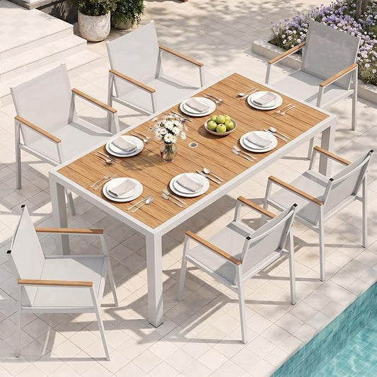 Outdoor Dining Table, Aluminum Patio Table Set, All Weather Patio Dining Furniture Set with Umbrella Hole for Backyard, Deck, Poolside (White-Teak)