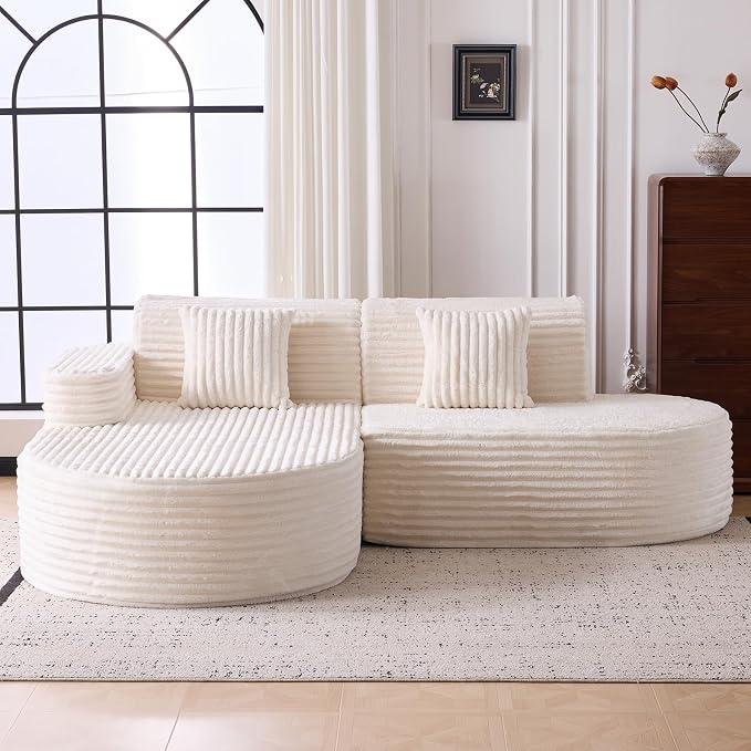 Modern Curved Boneless Sofa Couch, L-Shaped Corner Sofa, Corduroy Upholstered Cloud Sectional Couch for Living Room, Bedroom and Apartment,No Assembly Needed(Beige, Left Hand Facing)