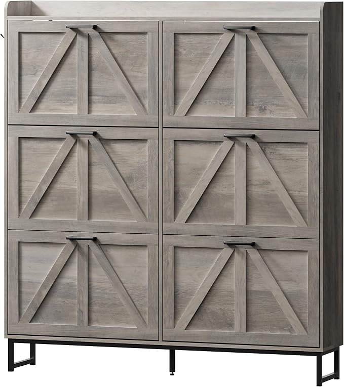 BORNOON Shoe Cabinet with 6 Flip Drawers Narrow Shoe Storage Cabinet Organizer Wooden Freestanding Shoe Rack Hidden Slim Shoes Storage Cabinet for Entryway, Hallway, Living Room, Bedroom
