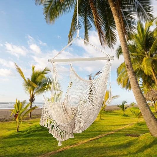 Hammock Chair,Max 330lbs, Large Hanging Chair, Soft Cotton Rope Swing Chair with High Load-Bearing Metal Rod,Indoor Outdoor Garden Yard Living Room Use Beige