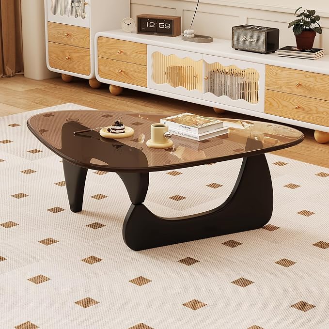 Coffee Table for Living Room Mid Century Modern Center Table with Glass Top and Wood, 32 Inch, Brown/Black