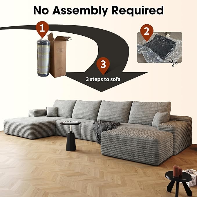 135" U Shaped Sectional Couch with Ottoman, Large Sectional Couches for Living Room, Plush Corduroy Convertible Sleeper Sofa, Compressed Foam Sofa in a Box No Assembly, Left Facing Chaise, Grey