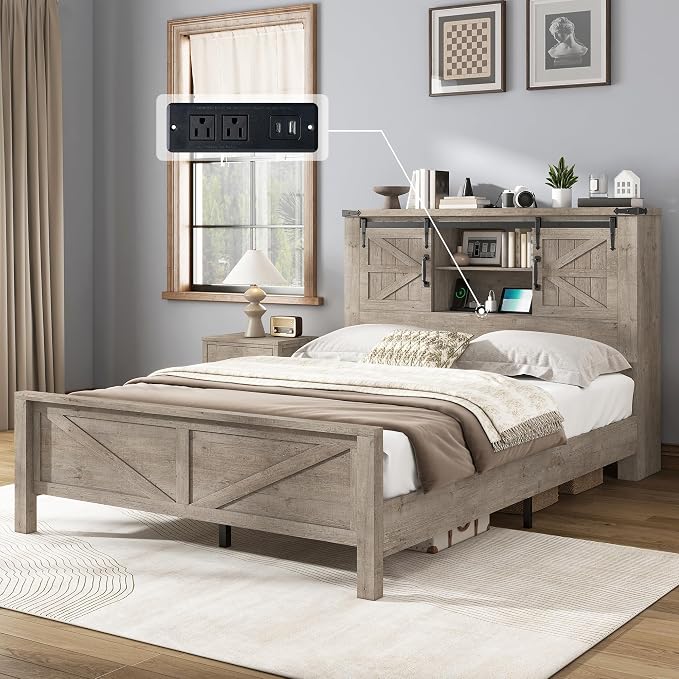 AMERLIFE 4 Pieces Farmhouse Bedroom Set, Includes Full Size Bookcase Headboard Bed Frame, 5 Drawer Tall Dresser, 47'' Dresser with 4 Drawers, 60" Dresser with 4 Drawers, Light Rustic Oak
