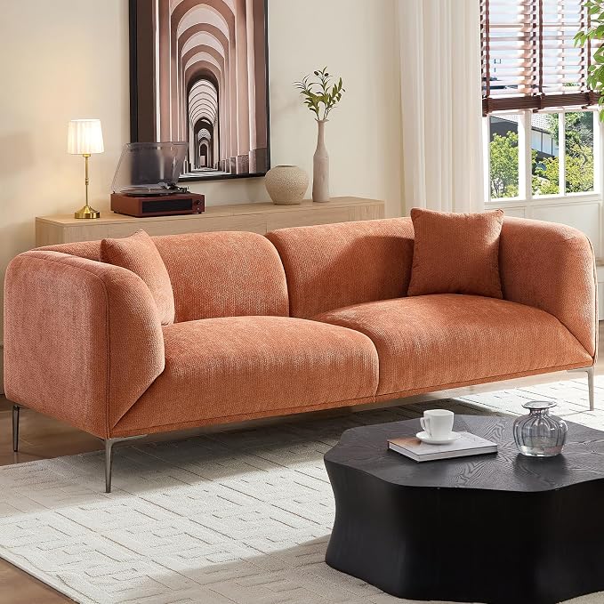 82.68"Modern Luxury Fabric Sofa Couch with Metal Legs, Upholstered 3-Seater Sofa for Living Room, Easy Assembly Contemporary Linen Couch, Stylish Comfort Seating for Apartment & Home(Orange)