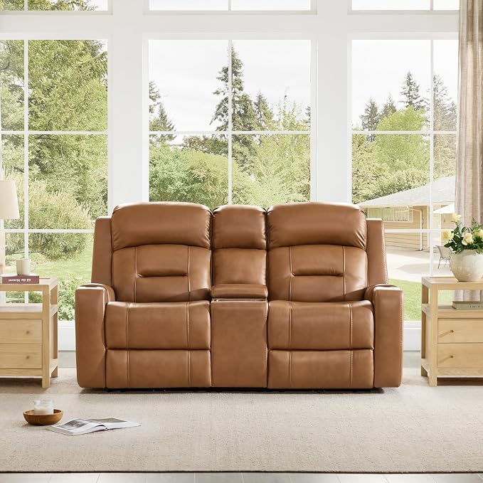 Watson & Whitely Genuine Leather Power Loveseat and Recliner Sofa Set, Lay Flat Reclining Couch with Console, Power Headrest, USB & Wireless Charging, Cup Holders for Living Room, Saddle Brown