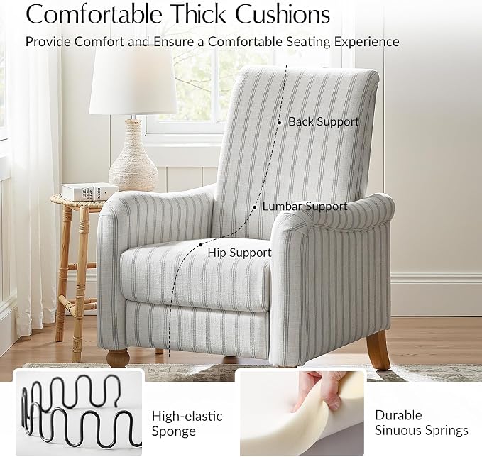 HULALA HOME Farmhouse Recliner Chair with Solid Wood Spindle Legs, Striped Push Back Recliner Armchair with Adjustable Backrest & Footrest, Comfy High Back Lazyboy Single Sofa for Living Room, Grey