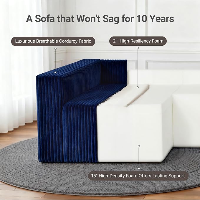 128" U-Shaped Modular Sofa, Modern Cloud Couch with Double Chaise, Sectional Boneless Couch with Pillows, Deep Seat Sofa for Living Room Bedroom, No Assembly Required, Blue