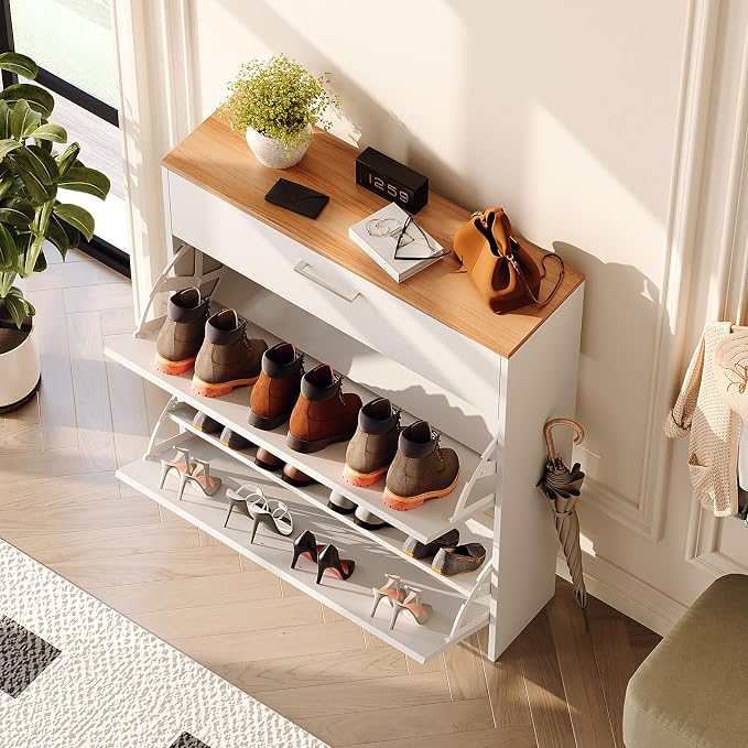VINGLI Shoe Cabinet for Entryway, Slim Shoe Rack Storage Organizer with 3 Flip Drawers, Modern White Hidden Shoe Shelf with Oak Top, Narrow Free Standing Sneaker Cabinet for Hallway, 9.5" Depth
