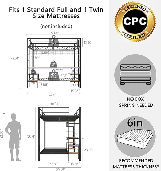 Bellemave Full Over Twin bunk Bed with Desk, loft Bed with Desk and Shelves, Full Over Twin Metal Bunk Beds with Charging Station, Black & Nature Oak
