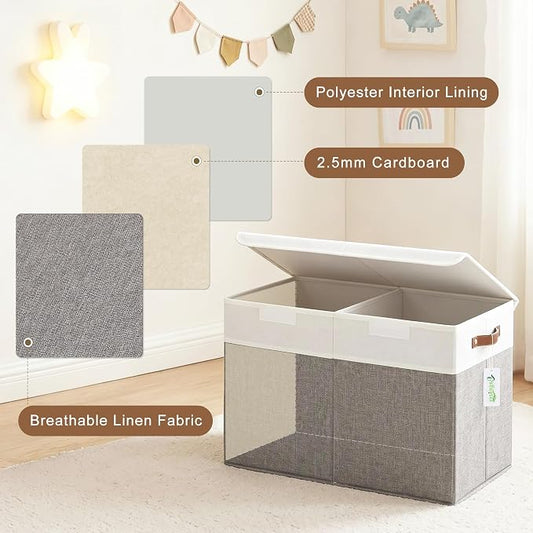 Bagnizer Large Toy Storage Box with Lids, Collapsible Sturdy Baby Storage Organizer Chest Bin Basket for Kids, Boys, Girls, Playroom, Nursery, Bedroom, Closet 25"x13"x16" (Gray and White)