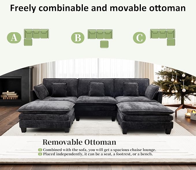 Opiesit Ottoman for Sectional Cloud Couch, Chenille Ottoman for Deep Seat Modular Sofa for Apartment, Living Room and Bedroom, Black