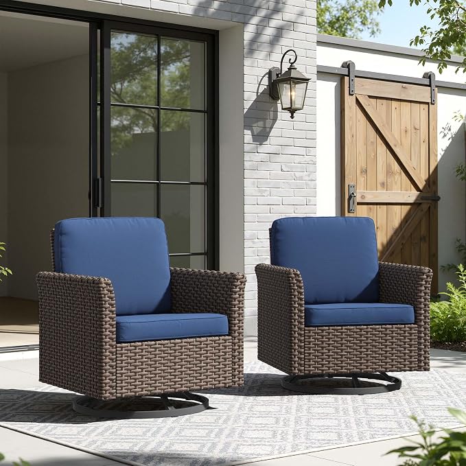 Patio Wicker Swivel Chairs with High Back Set of 2, All Weather PE Wicker Outdoor Swivel Chairs with Waterproof Cushion for Porch, Backyard, Balcony, Deck