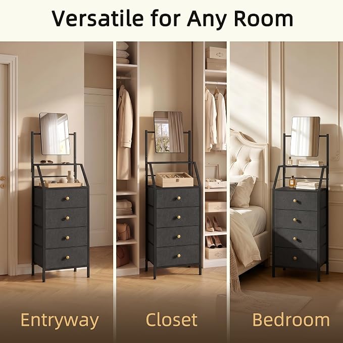 HIGDBFE 4-Drawer Dresser with Mirror, Vanity with 2-Tier Shelves, Fabric Chest of Drawers for Small Space, Vertical Storage Cabinet for Bedroom, Nightstand Bedside Table Furniture, Black, 15.3" W