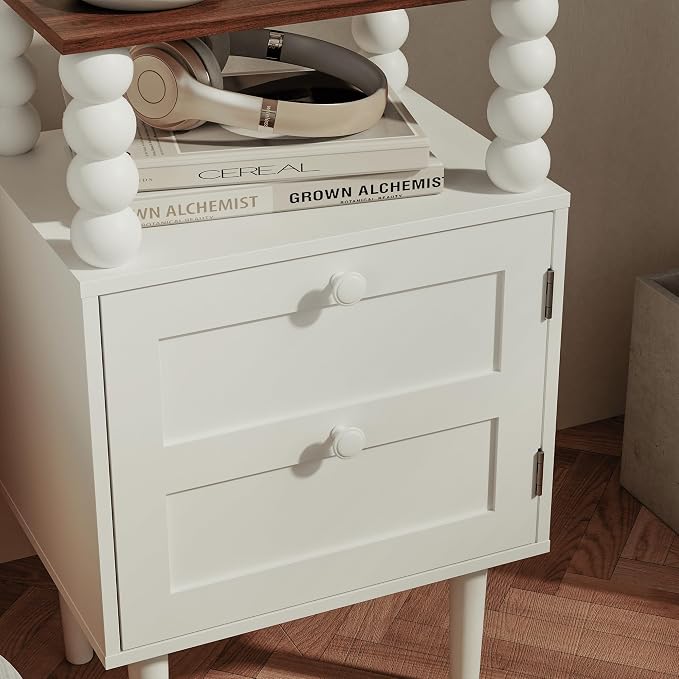 Veegle White Nightstand with Charge Station,Modern Bedside Table with Storage Drawer and Open Wood Shelf, for Bedroom and Small Spaces,Night Stand with Solid Wood Legs (White)