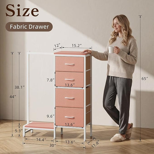 HIGDBFE Dresser with Hanging Rack, 4 Drawers Small Closet for Bedroom, Reversible Fabric Kids Chest of Drawers with Clothes Rack, Tall Storage Tower, Sturdy Frame, Pink, 44''H