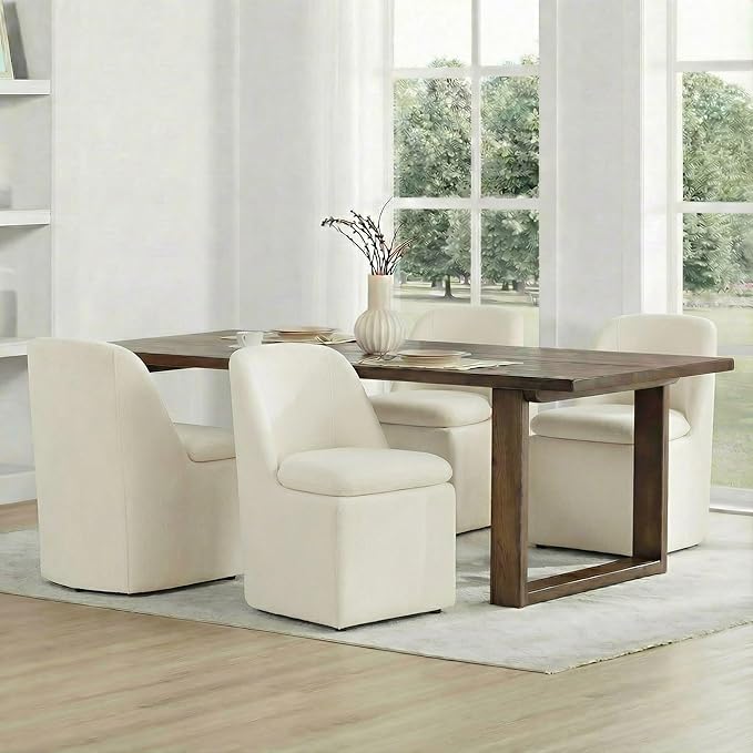 KISLOT Upholstered Dining Chairs Set of 1 with Casters, Modern Side Armless Deskchair with Washable Slipcover & Sturdy Metal Frame for Diningroom Bedroom Livingroom Reading Room, Beige Fabric