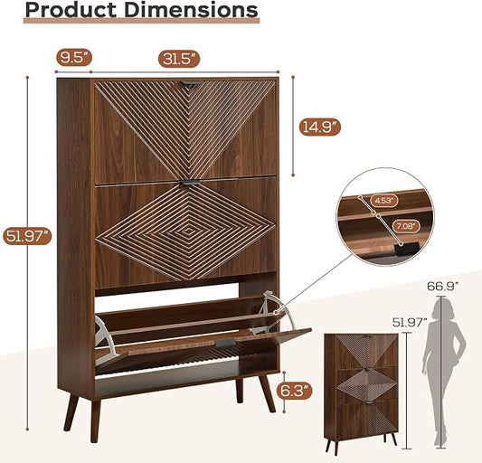 oakvivo Shoe Cabinet with 3 Flip Drawers, Freestanding Narrow Shoe Storage Cabinet for Entryway, Modern Shoe Organizer with 4 Wooden feet, Hidden Shoe Rack for Hallway Mudroom, Walnut