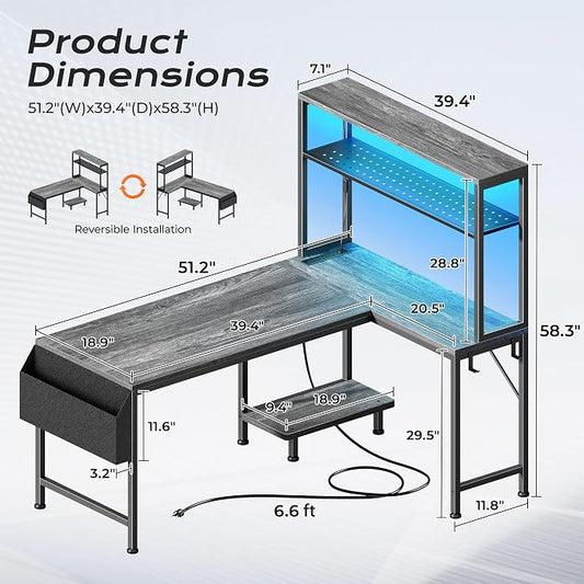 PRAISUN L Shaped Gaming Desk with LED Lights & Power Outlets, Reversible Computer Desk with Storage Shelves & Bag, Large Corner Home Office Desk with Pegboard for Work from Home, Grey