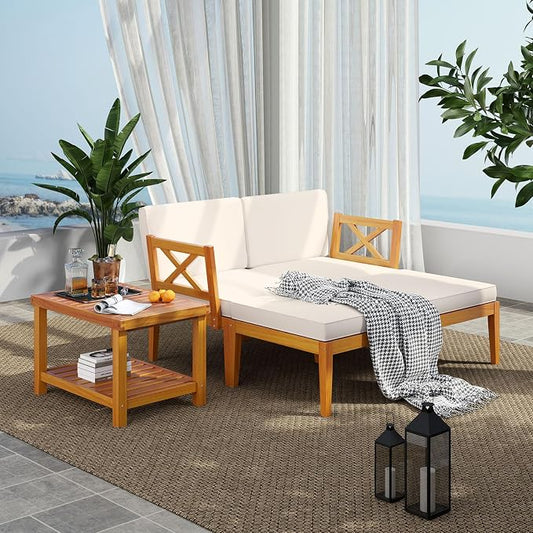 Tangkula 5 Pieces Patio Lounge Chair Set w/Ottomans, Acacia Wood Patio Conversation Set w/Cushions, Coffee Table, Modular Outdoor Lounge Sofa Set for Lawn, Backyard, Poolside