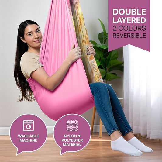 Indoor Sensory Swing for Kids or Outdoor – Holds 300lbs, Double-Layer, & 360° Swivel, Calming Compression Therapy Swing Hammock for Kids & Adults with All Hardware – Sensory-Motor Toys & Gifts