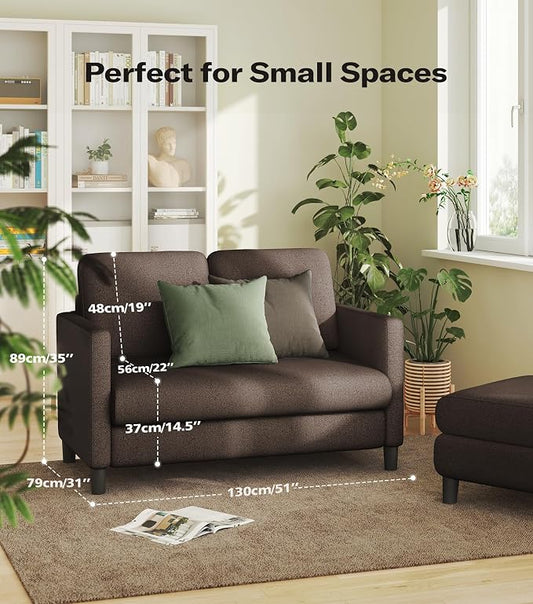 Welzona Loveseat, 51" Small Couch, Comfy Teddy Love Seat for Living Room, Tool-Free Setup Loveseat Sofa for Small Spaces, All-Wood Small Sofa Couch for Bedroom, Brown