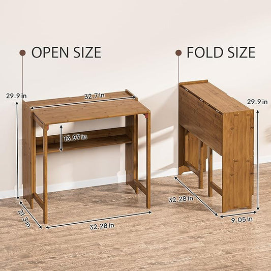 Bamboo Folding Desk for Small Spaces, Mid Century Small Computer Foldable Desk for Bedroom Home Office, Space Saving Sofa Table for Couch, Writing Work Office Desk,Brown