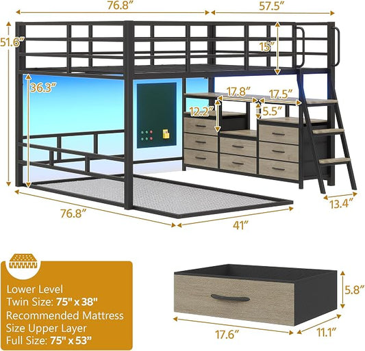 busyaeh Bunk Bed Full Over Twin,Low Bunk Bed with 8 Drawers & 4 Shelves | Bunk bed with Desk,15" H Safety Guardrail,& LED Lights and Charging Station,L-Shaped Bunk Beds with Stairs, Oak Gray