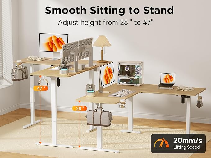 WALKINGDESK 63X55 Inches Reversible L Shaped Standing Desk Height Adjustable with Cup Holder, Electric Corner Computer Desk, Sit Stand up Home Office Desk, Ergonomic Gaming Desk, Oak