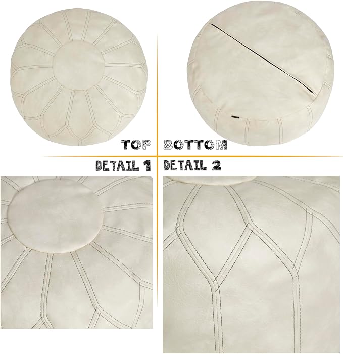 Thgonwid Unstuffed Moroccan Faux Leather Pouf Ottoman Cover with Storage - Boho Chic Multi-Use Footrest for Living Room, Bedroom, Patio - Round Ethnic Floor Cushion & Decorative Accent, Ivory