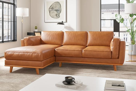 Valencia Artisan Full Leather Sofa - Pure Full Italian Nappa Leather Couch, Solid Wood Accent, Ultimate Comfort (Cognac, Left Chaise Sectional)
