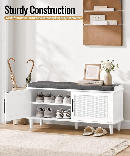 Akxomel Rattan Shoe Storage Bench with Cushion, 2-Tier Entryway Bench with Adjustable Shelves and 2 Doors, 15" D x 39.4" W x 20" H, Solid Wood Legs, for Hallway, Living Room, Bedroom, White