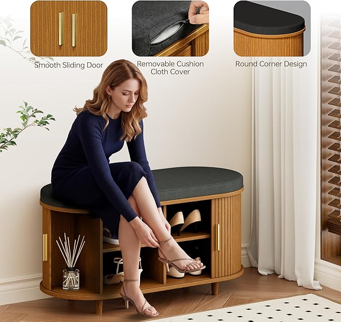 DHH 2-Tier Storage Bench,Wide Shoe Bench with Thickened Padded Seat Cushion, Mid Century Modern Fluted Sliding Door and Adjustable Shelf, for Entryway, Living Room, Bedroom (Yellow Walnut, 35.4“)