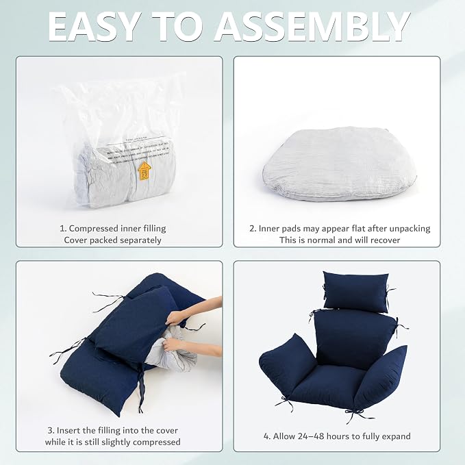 Egg Chair Cushion with 8 Securing Straps, Water-Repellent & Fade-Resistant Faux Linen, Removable Cover, Replacement Cushion for Most Single Outdoor Hanging Swing Egg Chairs – Navy