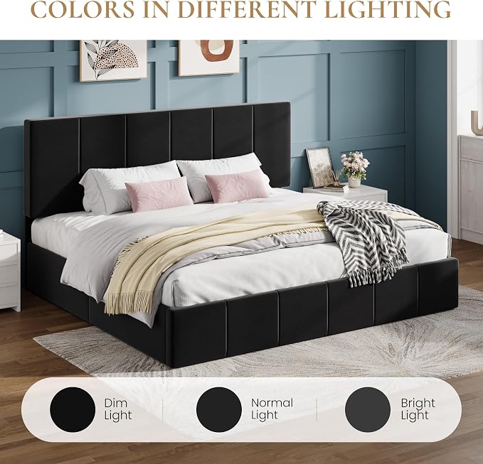 SHA CERLIN King Size Bed Frame, Velvet Upholstered Platform Bed, Vertical Channel Tufted Adjustable Headboard, Low Profile Bed Frame, No Box Spring Needed, Easy Assembly, Black