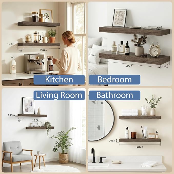 Floating Shelves for Wall, Bathroom Shelves Over Toilet, Wall Shelves & Book Shelf for Room, Hanging Shelf, Modern Wooden Mounted Floating Shelves, 24x7x1.5 in (Smoke Gray, Set of 2)