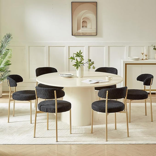 SoarFlash Dining Chairs, Black Boucle Dining Chairs Set of 6, Kitchen Dining Room Chairs Curved Backrest Upholstered Mid Century Modern Chairs with Golden Metal Legs