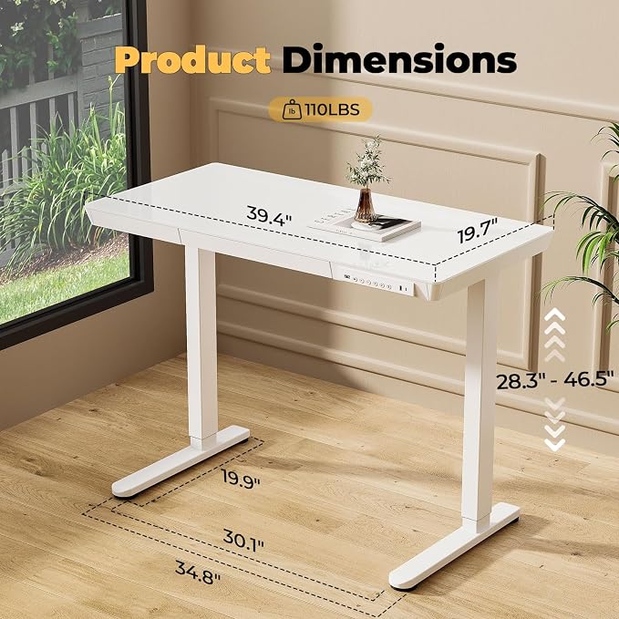 Glass Electric Standing Desk with Drawer, 40" x 20" Whole Piece Samll Sit Stand Table, Height Adjustable Desk with Storage & USB Ports, Quick Install Home Office Computer Desk, White