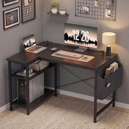 TIQLAB L Shaped Computer Desk with Power Outlets, 55 Inch Small Corner Desk with Reversible Shelves, Gaming Desk Computer Table Study Writing Table for Home Office Bedroom Small Space, Black